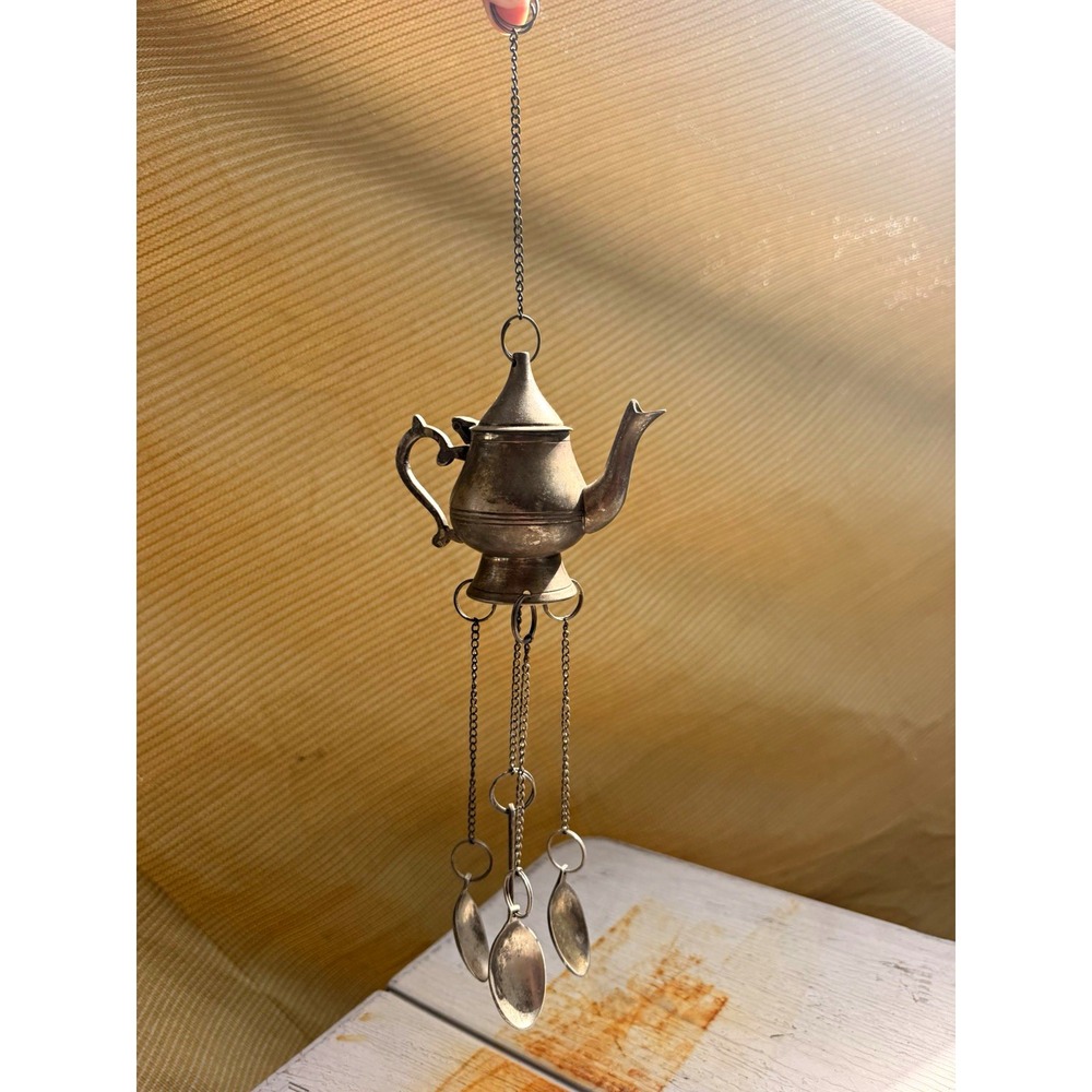 Silver Metal Teapot Wind Chime Hanging Decor - Teapot Design, Silver Tone Metal